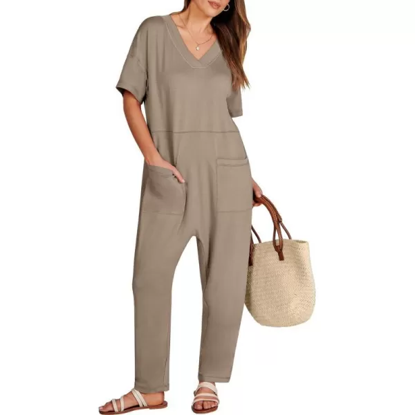 imageANRABESS Jumpsuits for Women 2024 Summer Casual Pajamas Short Sleeve V Neck Harem Pants Onesie Rompers with PocketsKhaki