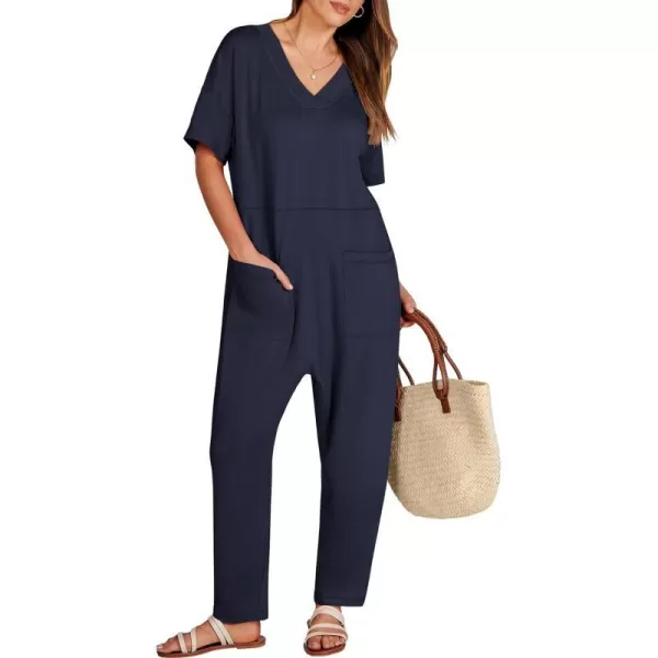 imageANRABESS Jumpsuits for Women 2024 Summer Casual Pajamas Short Sleeve V Neck Harem Pants Onesie Rompers with PocketsNavy Blue