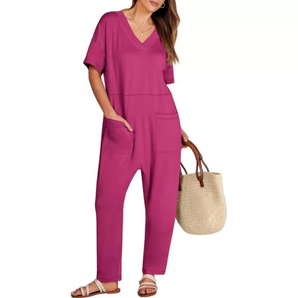 imageANRABESS Jumpsuits for Women 2024 Summer Casual Pajamas Short Sleeve V Neck Harem Pants Onesie Rompers with PocketsRose
