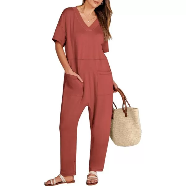 imageANRABESS Jumpsuits for Women 2024 Summer Casual Pajamas Short Sleeve V Neck Harem Pants Onesie Rompers with PocketsRust