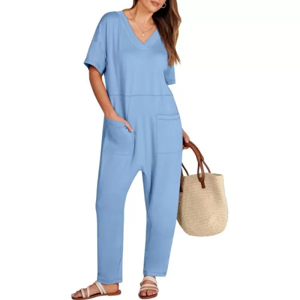 imageANRABESS Jumpsuits for Women 2024 Summer Casual Pajamas Short Sleeve V Neck Harem Pants Onesie Rompers with PocketsSky