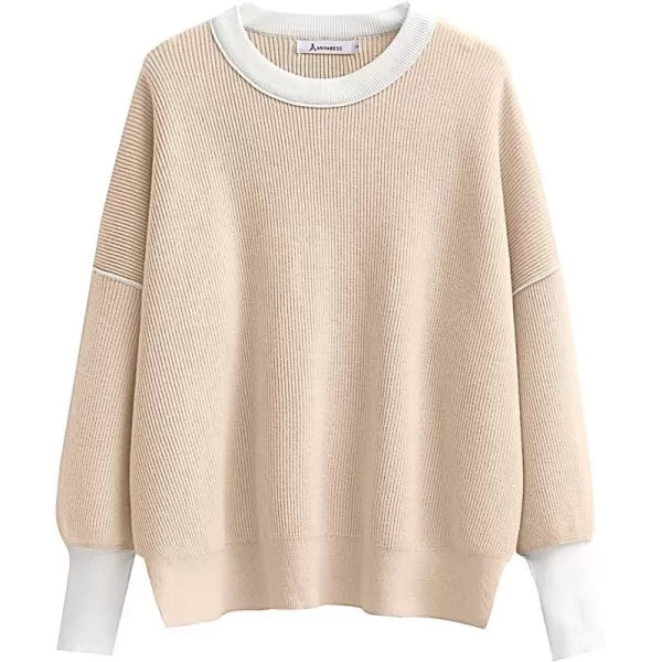 imageANRABESS Oversized Sweaters for Women Fall 2023 Crewneck Batwing Long Sleeve Side Slit Knit Pullover Sweater Tops JumperBeige