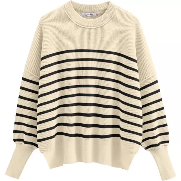 imageANRABESS Oversized Sweaters for Women Fall 2023 Crewneck Batwing Long Sleeve Side Slit Knit Pullover Sweater Tops JumperBeige Stripe Black