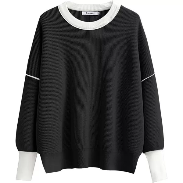imageANRABESS Oversized Sweaters for Women Fall 2023 Crewneck Batwing Long Sleeve Side Slit Knit Pullover Sweater Tops JumperBlack