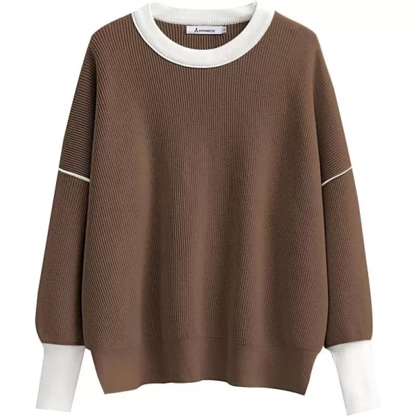 imageANRABESS Oversized Sweaters for Women Fall 2023 Crewneck Batwing Long Sleeve Side Slit Knit Pullover Sweater Tops JumperBrown