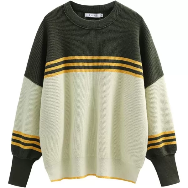 imageANRABESS Oversized Sweaters for Women Fall 2023 Crewneck Batwing Long Sleeve Side Slit Knit Pullover Sweater Tops JumperColorblock Armygreen