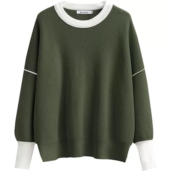 imageANRABESS Oversized Sweaters for Women Fall 2023 Crewneck Batwing Long Sleeve Side Slit Knit Pullover Sweater Tops JumperGreen