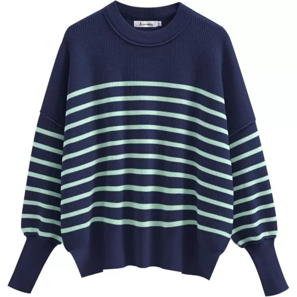 imageANRABESS Oversized Sweaters for Women Fall 2023 Crewneck Batwing Long Sleeve Side Slit Knit Pullover Sweater Tops JumperNavy Blue