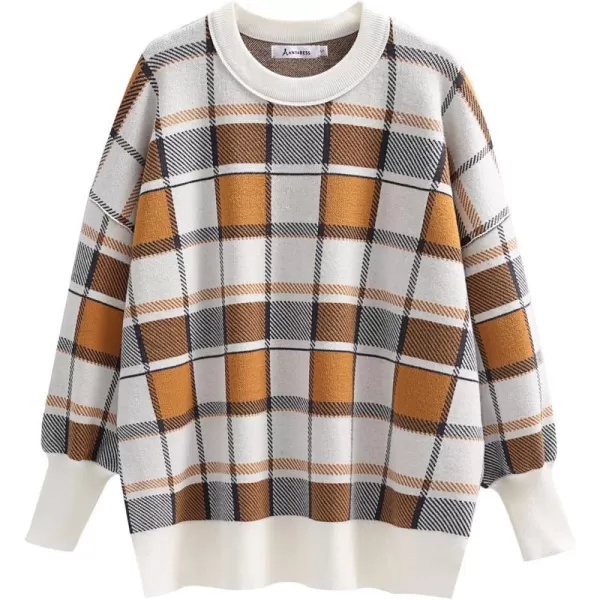 imageANRABESS Oversized Sweaters for Women Fall 2023 Crewneck Batwing Long Sleeve Side Slit Knit Pullover Sweater Tops JumperPlaid