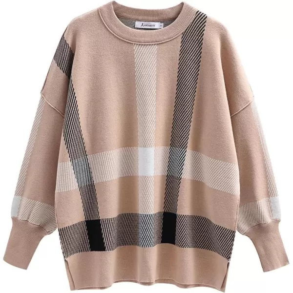 imageANRABESS Oversized Sweaters for Women Fall 2023 Crewneck Batwing Long Sleeve Side Slit Knit Pullover Sweater Tops JumperPlaid Khaki