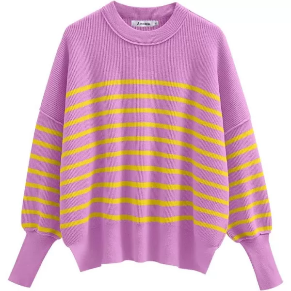 imageANRABESS Oversized Sweaters for Women Fall 2023 Crewneck Batwing Long Sleeve Side Slit Knit Pullover Sweater Tops JumperPurple