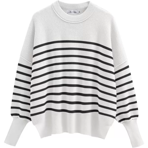 imageANRABESS Oversized Sweaters for Women Fall 2023 Crewneck Batwing Long Sleeve Side Slit Knit Pullover Sweater Tops JumperStripe Black