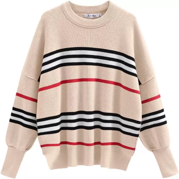 imageANRABESS Oversized Sweaters for Women Fall 2023 Crewneck Batwing Long Sleeve Side Slit Knit Pullover Sweater Tops JumperStripe Black Apricot