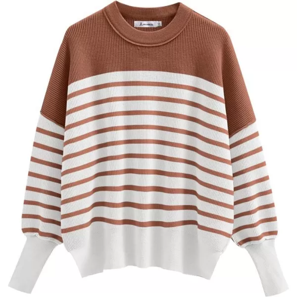 imageANRABESS Oversized Sweaters for Women Fall 2023 Crewneck Batwing Long Sleeve Side Slit Knit Pullover Sweater Tops JumperStripe Caramel