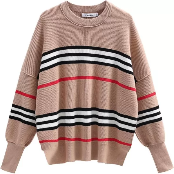 imageANRABESS Oversized Sweaters for Women Fall 2023 Crewneck Batwing Long Sleeve Side Slit Knit Pullover Sweater Tops JumperStripe Khaki Black