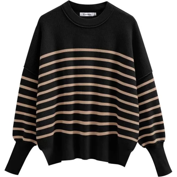 imageANRABESS Oversized Sweaters for Women Fall 2023 Crewneck Batwing Long Sleeve Side Slit Knit Pullover Sweater Tops JumperStripe Yellow