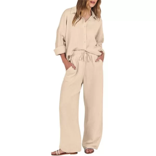 imageANRABESS Women 2 Piece Outfits 2023 Long Sleeve Wide Leg Matching Lounge Sets Fashion Travel Vacation ClothingApricot