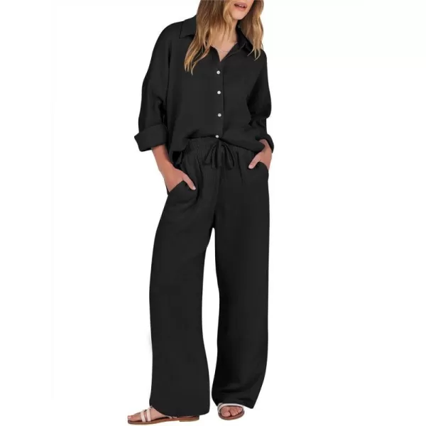 imageANRABESS Women 2 Piece Outfits 2023 Long Sleeve Wide Leg Matching Lounge Sets Fashion Travel Vacation ClothingBlack