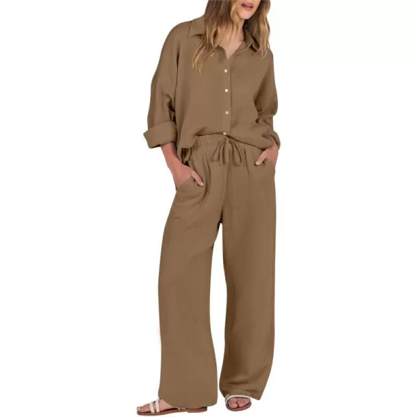 imageANRABESS Women 2 Piece Outfits 2023 Long Sleeve Wide Leg Matching Lounge Sets Fashion Travel Vacation ClothingBrown