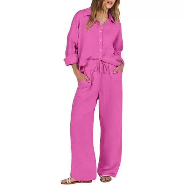 imageANRABESS Women 2 Piece Outfits 2023 Long Sleeve Wide Leg Matching Lounge Sets Fashion Travel Vacation ClothingHot Pink