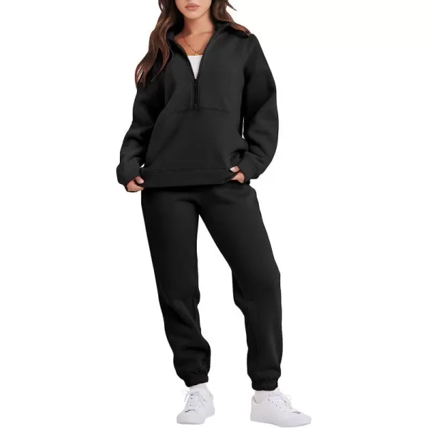 imageANRABESS Women 2 Piece Outfits Fleece Half Zip Oversized Sweatshirt Jogger Pants Matching Set Y2K TracksuitBlack