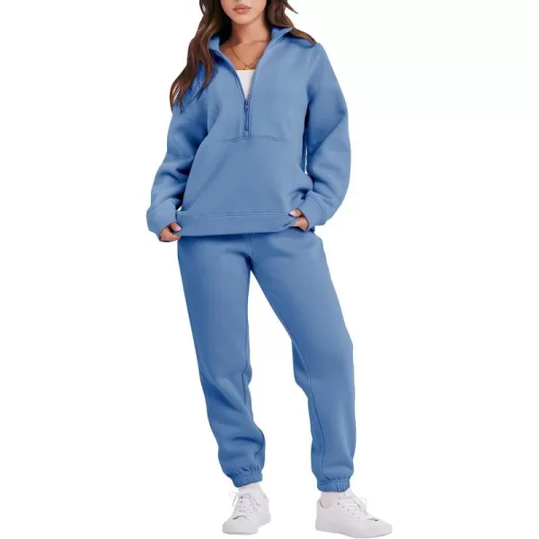 imageANRABESS Women 2 Piece Outfits Fleece Half Zip Oversized Sweatshirt Jogger Pants Matching Set Y2K TracksuitBlue