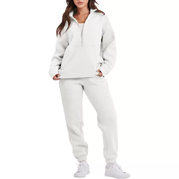 imageANRABESS Women 2 Piece Outfits Fleece Half Zip Oversized Sweatshirt Jogger Pants Matching Set Y2K TracksuitWhite