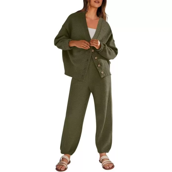 imageANRABESS Women 2 Piece Outfits Long Sleeve Cardigan Sweater Sets Casual Lounge Matching Clothes SetArmy Green