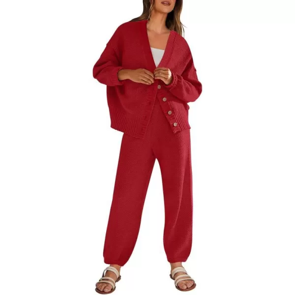 imageANRABESS Women 2 Piece Outfits Long Sleeve Cardigan Sweater Sets Casual Lounge Matching Clothes SetRed