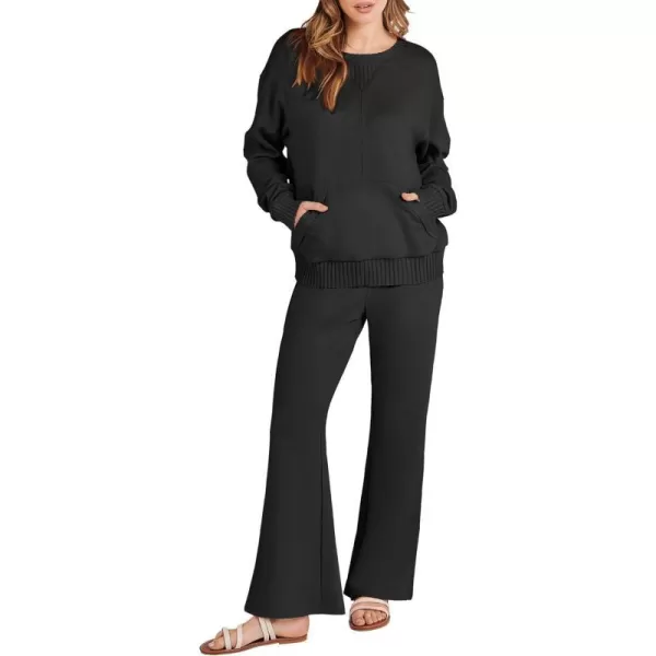 imageANRABESS Women 2 Piece Outfits Lounge Set Long Sleeve Sweatshirt With Pocket Wide Leg Pants matching Sets TracksuitBlack