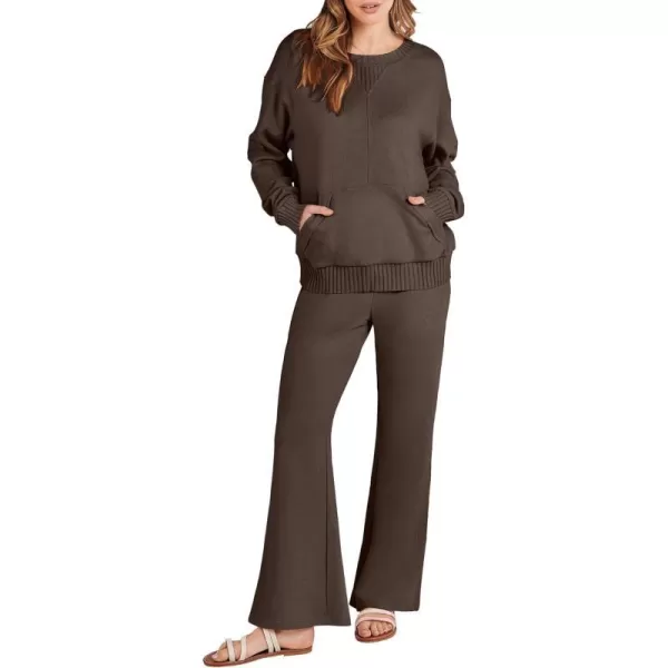 imageANRABESS Women 2 Piece Outfits Lounge Set Long Sleeve Sweatshirt With Pocket Wide Leg Pants matching Sets TracksuitCoffee