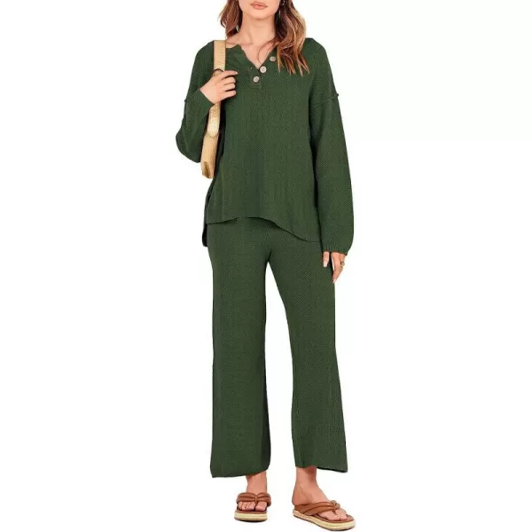imageANRABESS Women 2 Piece Outfits Oversized Knit Loungewear Sweater Set 2023 Fall Sweatsuit Matching Lounge SetsArmy Green