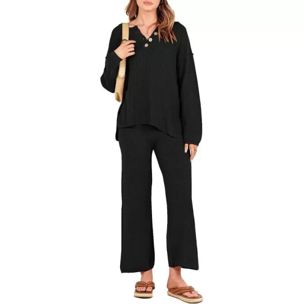imageANRABESS Women 2 Piece Outfits Oversized Knit Loungewear Sweater Set 2023 Fall Sweatsuit Matching Lounge SetsBlack