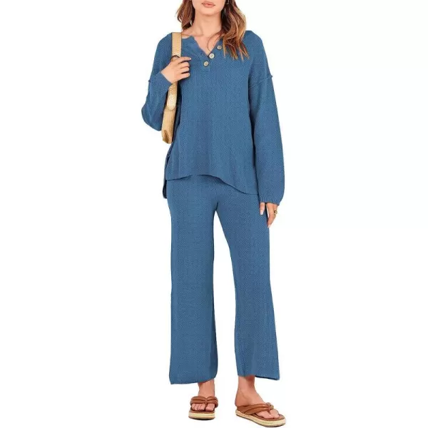 imageANRABESS Women 2 Piece Outfits Oversized Knit Loungewear Sweater Set 2023 Fall Sweatsuit Matching Lounge SetsIndigo