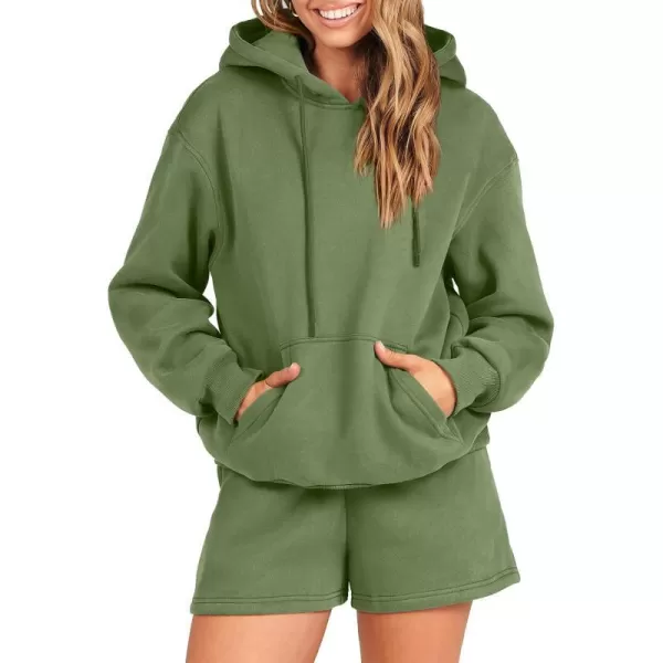 imageANRABESS Women 2 Piece Outfits Short Sweatsuit Drawstring Oversized Hoodie Sweatshirt Tracksuit Lounge Wear Matching SetArmy Green