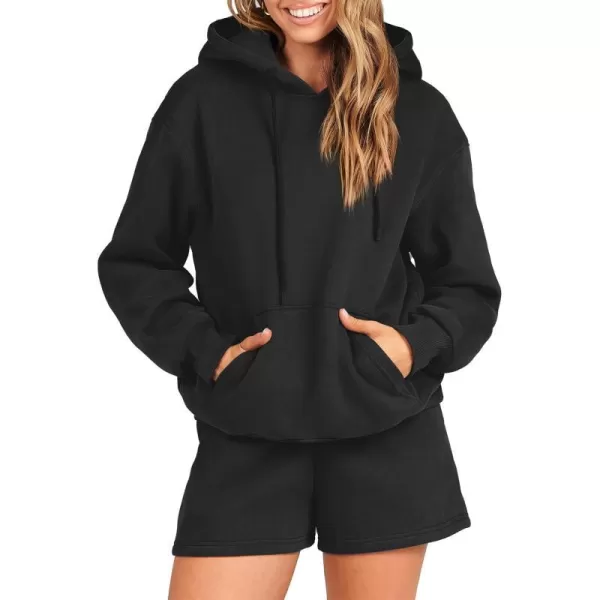 imageANRABESS Women 2 Piece Outfits Short Sweatsuit Drawstring Oversized Hoodie Sweatshirt Tracksuit Lounge Wear Matching SetBlack