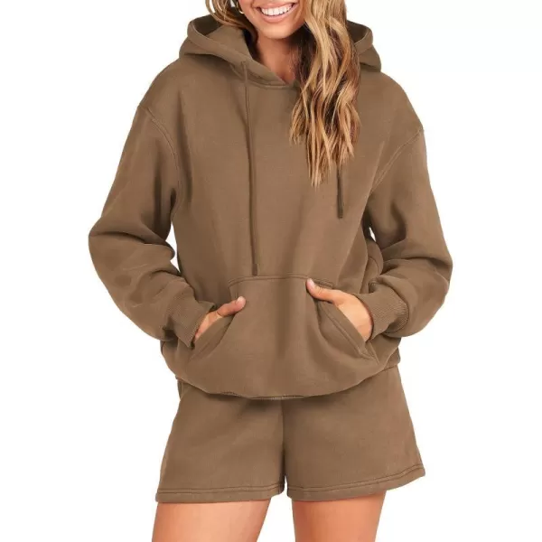 imageANRABESS Women 2 Piece Outfits Short Sweatsuit Drawstring Oversized Hoodie Sweatshirt Tracksuit Lounge Wear Matching SetBrown