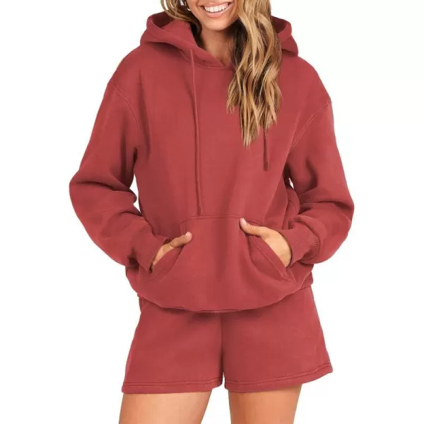 imageANRABESS Women 2 Piece Outfits Short Sweatsuit Drawstring Oversized Hoodie Sweatshirt Tracksuit Lounge Wear Matching SetRust