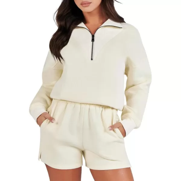 imageANRABESS Women 2 Piece Outfits Sweatsuit Oversized Half Zip Collared Sweatshirt Hoodies Short Set Lounge Tracksuit SetBeige