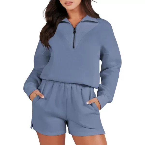 imageANRABESS Women 2 Piece Outfits Sweatsuit Oversized Half Zip Collared Sweatshirt Hoodies Short Set Lounge Tracksuit SetBlue