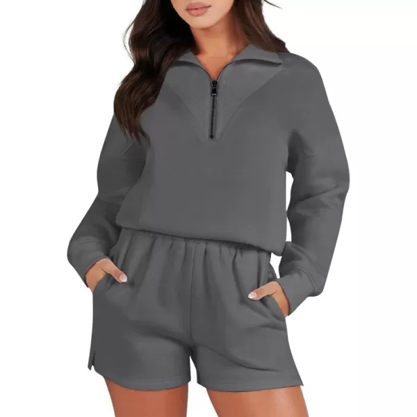 imageANRABESS Women 2 Piece Outfits Sweatsuit Oversized Half Zip Collared Sweatshirt Hoodies Short Set Lounge Tracksuit SetDeep Gray