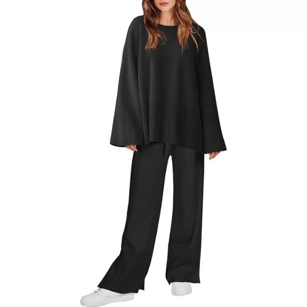 imageANRABESS Women 2 Piece Outfits Sweatsuit Oversized Knit Pullover and Drawstring Wide Leg Pants Sweater SetsBlack