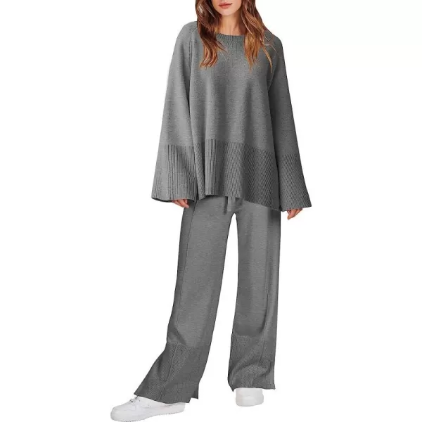 imageANRABESS Women 2 Piece Outfits Sweatsuit Oversized Knit Pullover and Drawstring Wide Leg Pants Sweater SetsGray