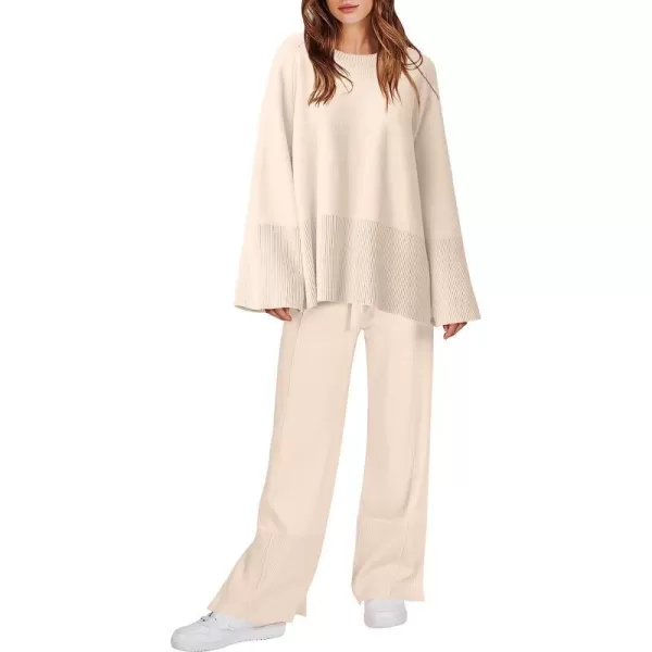 imageANRABESS Women 2 Piece Outfits Sweatsuit Oversized Knit Pullover and Drawstring Wide Leg Pants Sweater SetsKhaki