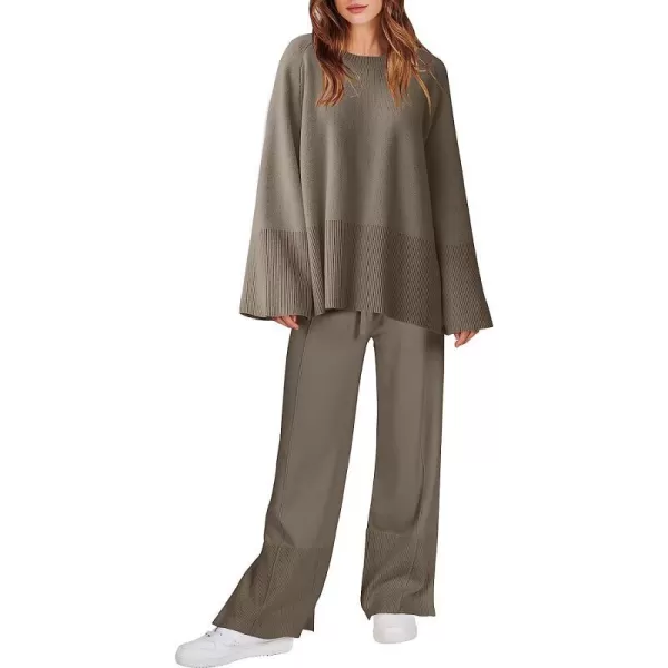 imageANRABESS Women 2 Piece Outfits Sweatsuit Oversized Knit Pullover and Drawstring Wide Leg Pants Sweater SetsLight Khaki