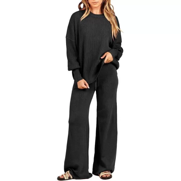 imageANRABESS Women 2 Piece Outfits Sweatsuit Oversized Sweater Set amp Wide Leg Pants Fall Chunky Lounge SetBlack