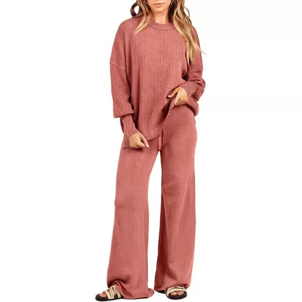 imageANRABESS Women 2 Piece Outfits Sweatsuit Oversized Sweater Set amp Wide Leg Pants Fall Chunky Lounge SetRust