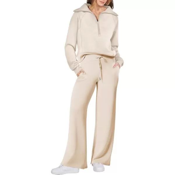 imageANRABESS Women 2 Piece Outfits Sweatsuit Set 2023 Fall Oversized Half Zip Sweatshirt Wide Leg Sweatpant Lounge Set TracksuitApricot
