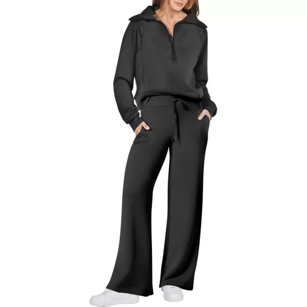 imageANRABESS Women 2 Piece Outfits Sweatsuit Set 2023 Fall Oversized Half Zip Sweatshirt Wide Leg Sweatpant Lounge Set TracksuitBlack