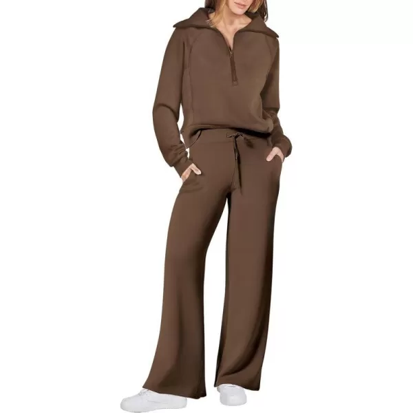 imageANRABESS Women 2 Piece Outfits Sweatsuit Set 2023 Fall Oversized Half Zip Sweatshirt Wide Leg Sweatpant Lounge Set TracksuitBrown